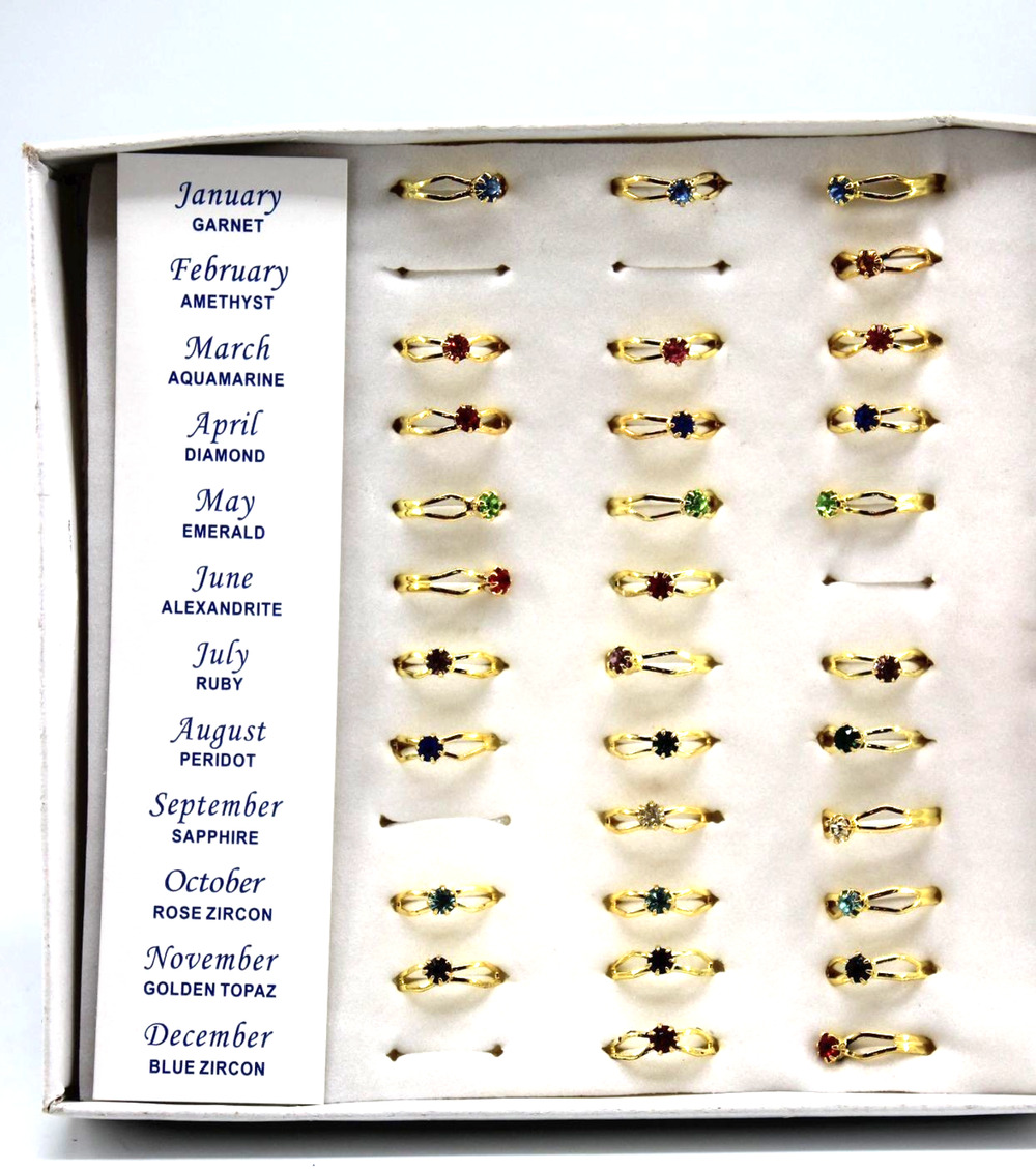 Dainty Rhinestone Birthstone Rings Display Prong Set Gold Tone Adjustable Lot 31